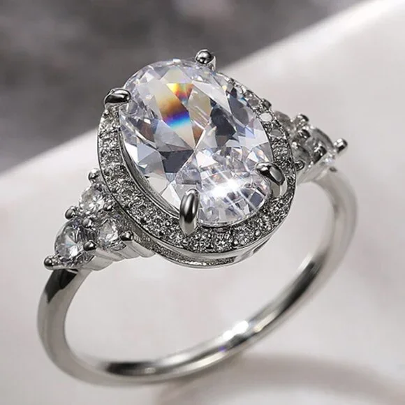 ▶Beautiful Noble Oval Pure CZ Macro Pave Silver Wedding Luxury Rings, K936